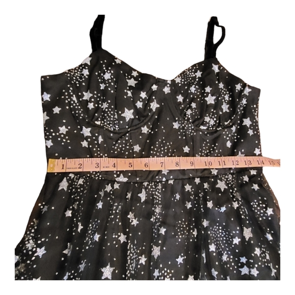 NEW Betsey Johnson Bustier Cup Silver Stars Midi Dress Black Mesh Tiered Size 8 - Picture 15 of 16